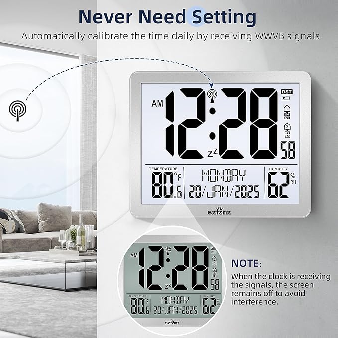 Digital Wall Clock Battery Operated with Backlight, Atomic Alarm Clocks with Indoor Temperature & Humidity for Bedrooms, Office, 8.5" Small Desk Clock with Large Display for Seniors, Auto DST, Sliver
