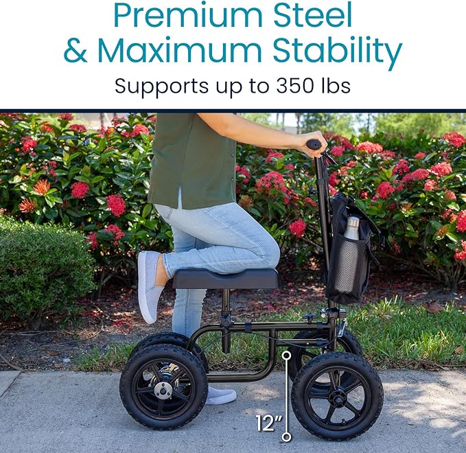 Vive Mobility All Terrain Knee Scooter Walker for Foot Injuries - Adult Broken Leg Crutch Cart Roller for Surgery, Broken Foot, Ankle Injury - Kneeling Rolling Steerable Seated Wheel Scooter Aid