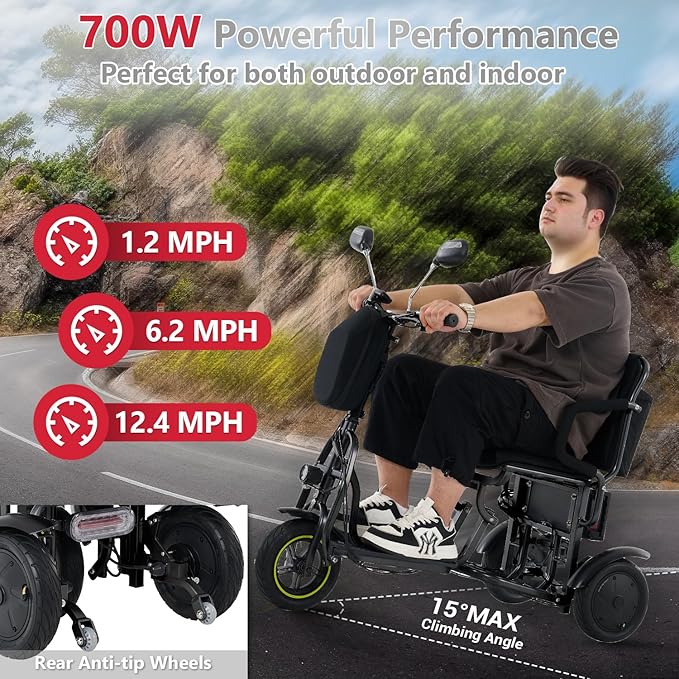 3-Wheel Folding Mobility Scooter Foldable Lightweight Electric Scooter for Adults & Seniors, Detachable Lithium Battery, Long Range 28 Miles, 3-Speed, with Rearview Mirror & Turn Signal (Black)