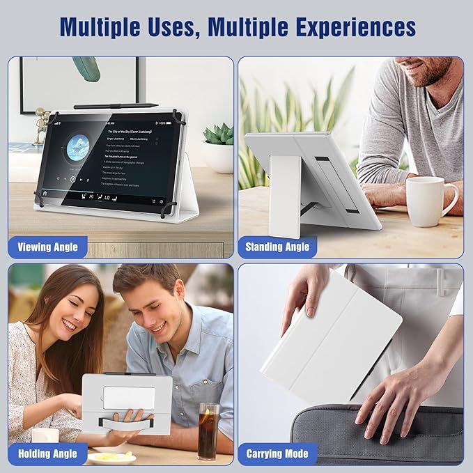 TiMOVO Universal Case for 10.1 Inch Android Tablet with Pen Loop, Lightweight Folding Stand Cover with Hand Strap for All 9.6"-11" Touchscreen Tablet, Ivory White
