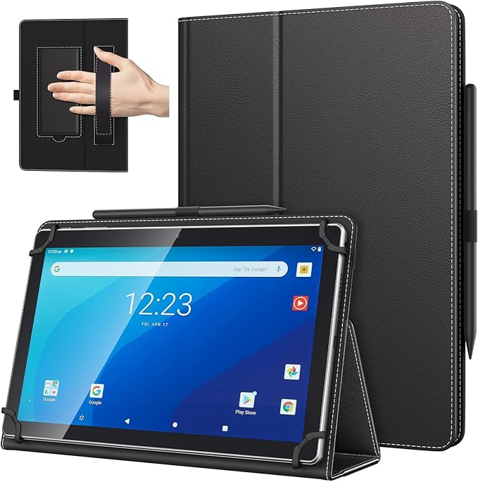 TiMOVO Universal Case for 10.1 Inch Android Tablet with Pen Loop, Lightweight Folding Stand Cover with Hand Strap for All 9.6"-11" Touchscreen Tablet, Black