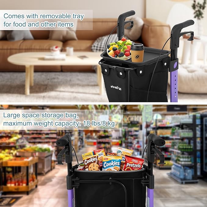 3 Wheel Walkers for Seniors, Foldable Rollator Walker with Tray & Large Storage Bag, 10" Big Wheel for All Terrain, 350 lb Weight Capacity, Purple