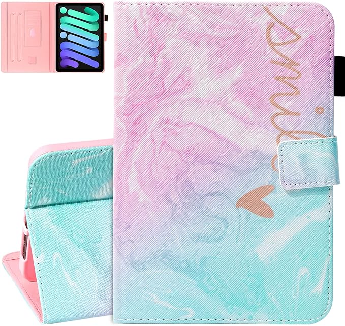 Dteck for iPad mini 8.3" (A17 Pro), Mini 6th Gen 8.3-inch Smart Folio Case with Auto Sleep Wake, Stand, Card Slots, Elastic Stylus Pen Loop Holder, PU Leather Protective Cute Flip Cover, Pink Mint