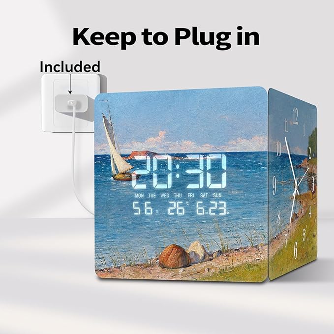 12'' Double Sided 90° Corner Wall Clock, Coastal Oil Painting, Radar Motion Activated, Analog & LED Display with Temp Humidity Date Day, Silent Non-Ticking Plug-in for Beach House Cabin
