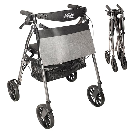 Stander Wonder Rollator Plus with 8-inch All-Terrain Wheels, Lightweight Folding Rolling Walker with Seat, Locking Brakes and Backrest, EZ Fold-N-Go-Rollator for Seniors and Adults, Black Walnut