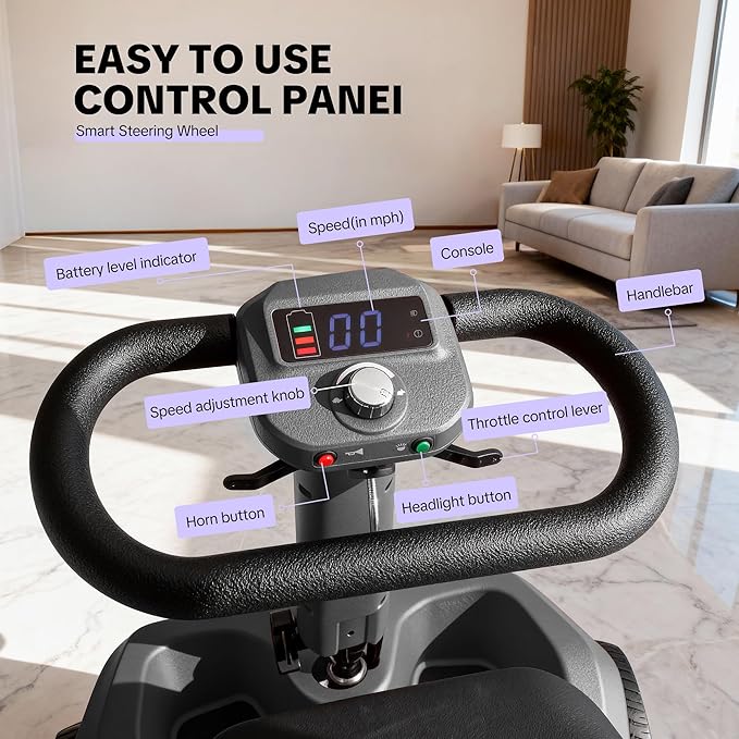 Foldable Mobility Scooter for Adults & Senior, 4 Wheels Powered Device for Travel, Lightweight and Portable, with LED Strip Light, Storage Bag, Charger Included, No Assemble Required (Grey)