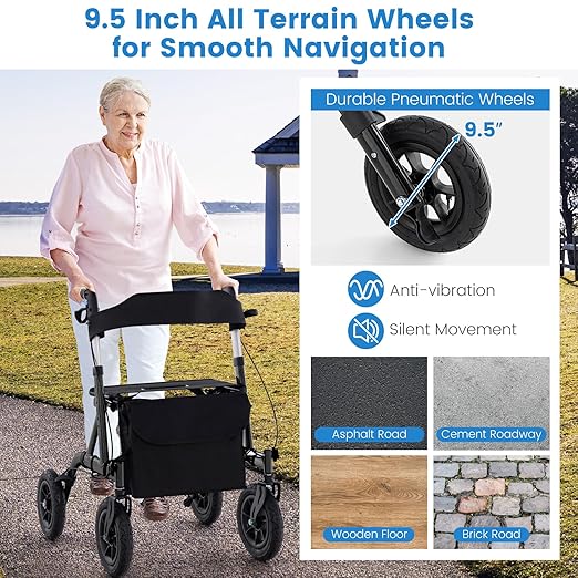 GOFLAME All-Terrain Rollator Walker w/Pneumatic Tires, Foldable Outdoor Walkers w/Seat, Backrest, 32"-37" Adjustable Height & Storage Bag, Lightweight Aluminum Walker for Seniors & Adults, Black