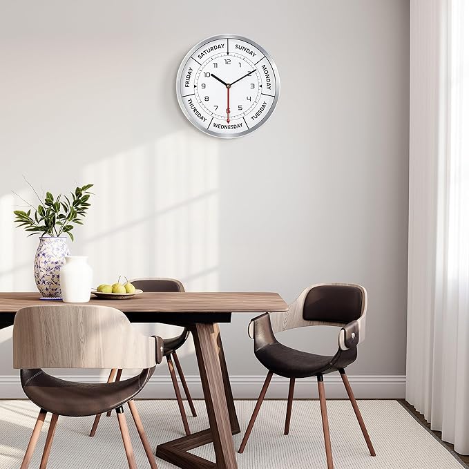 Lafocuse Silent Day of The Week Clocks for Mother, Retirement Clock for Seniors with Silver Metal Frame, Day Clock for Living Room Decor 12 Inch
