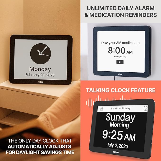Robin Day Clock 2026 for Seniors, 12" Large Digital Calendar Dementia Clock with Talking Function, Alarms, Easy-to-Read Display for Elderly, Day Date Time, Medication Reminder, DST, Black