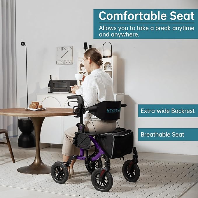 ELENKER All-Terrain 2 in 1 Rollator Walker & Transport Chair, Folding Wheelchair with 10” Non-Pneumatic Wheels for Seniors, Reversible Backrest & Detachable Footrests, Purple