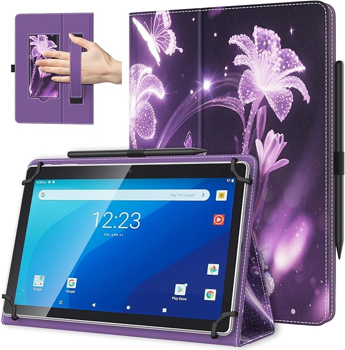 TiMOVO Universal Case for 10.1 Inch Android Tablet with Pen Loop, Lightweight Folding Stand Cover with Hand Strap for All 9.6"-11" Touchscreen Tablet, Flowers on Purple