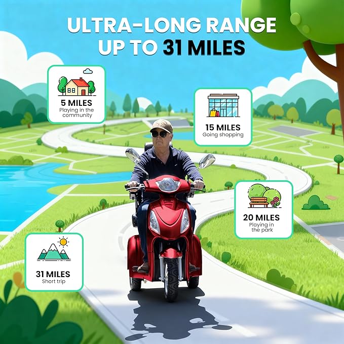 Super Large Electric 3 Wheel Mobility Scooters, 800W Wheelchair Device, 500 LBS Capacity Electric Wheelchair for Seniors & Adults, Speed Adjust, Remote Key, Receive Ready to Ride (RED RED)