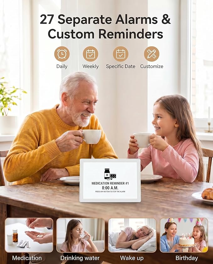 【Upgraded】27 Alarms Digital Talking Clock with Day and Date, Custom Reminders, 1280*800p HD Dsiplay, 10-Levels Dimmer, Auto DST, Sleep Trainer for Elderly Dementia, Voice-Talking with Remote