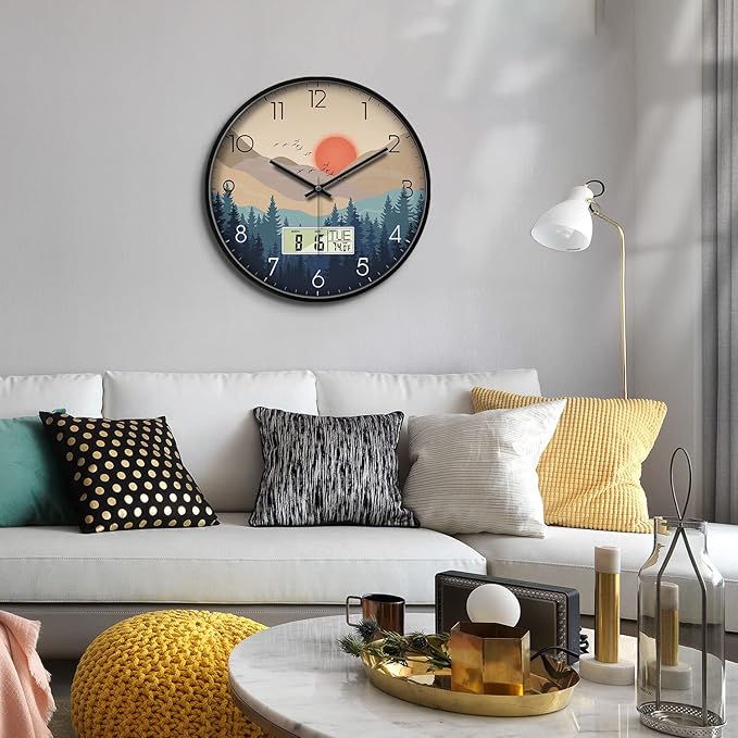 14'' Silent Non-Ticking Wall Clock, Mid-Century Modern Wilderness Sunset, Battery Operated Analog with LCD Date Day Temp Display, for Living Room Home Office Bedroom Garage Farmhouse Decor