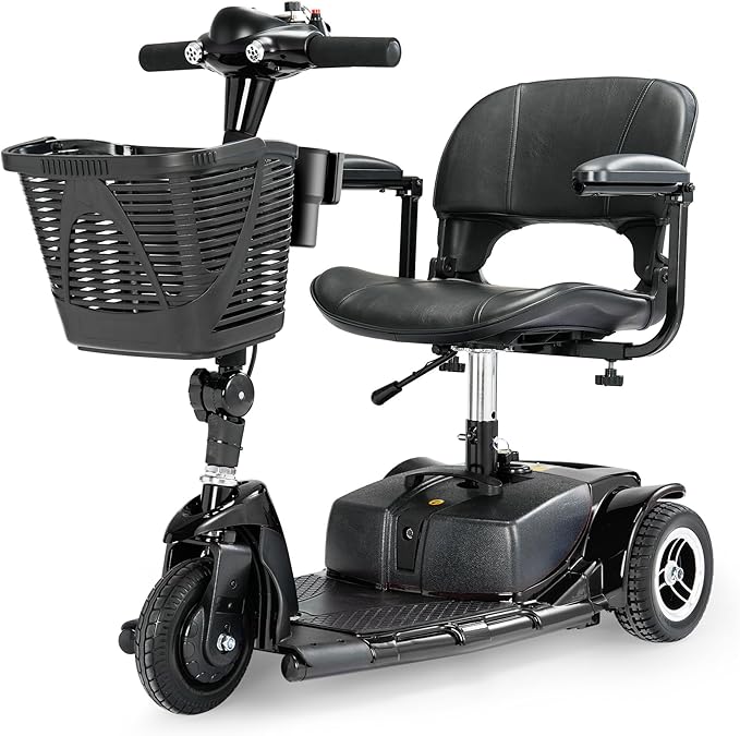 3 Wheel Mobility Scooters for Adults，Collapsible Electric Powered Wheelchair，Portable Compact Motorized Scooter for Travel，Long Range Power，Battery with Charger，Basket and Cup Holder (Black)
