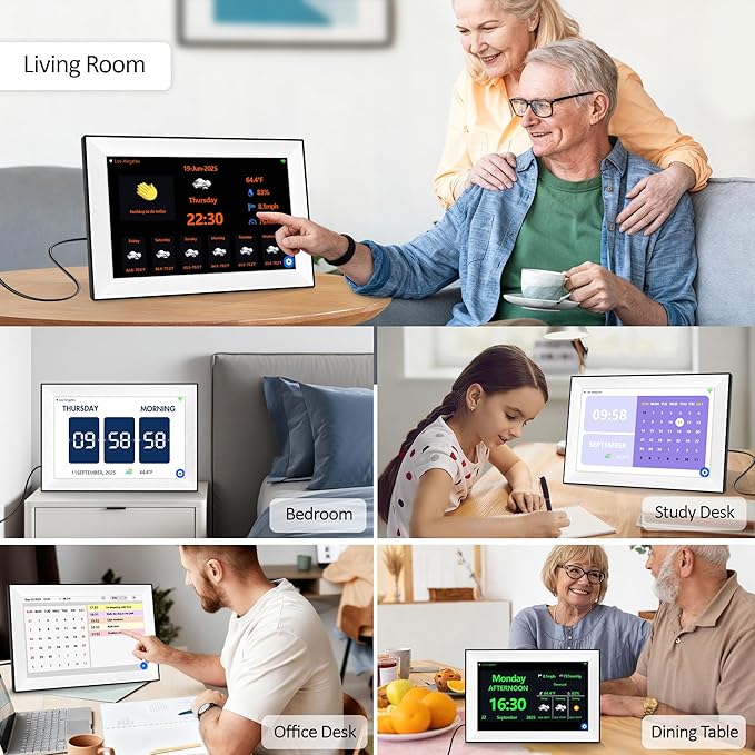 WiFi Touch Screen Digital Calendar Clock, 64 Custom Alarms, with Auto-Sync Time & Date, 7-Day Weather Forecast, Weekly Schedules Desk Clock (10.1" White)