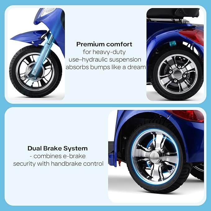 Super Large Electric 4 Wheel Mobility Scooters, Heavy Duty 800W Wheelchair Device, 25 Miles Long Range, All Terrain Mobility Scooter，Speed Adjust, Remote Key,Receive Ready to Ride (3 Wheel -Blue)