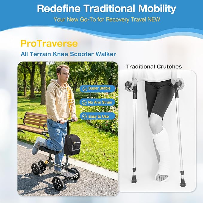 All Terrain Knee Scooter,Foldable & Steerable Knee Walker with Comfort Knee Pad, Dual Brakes,Crutch Alternative for Broken Foot & Ankle Recovery,Grey
