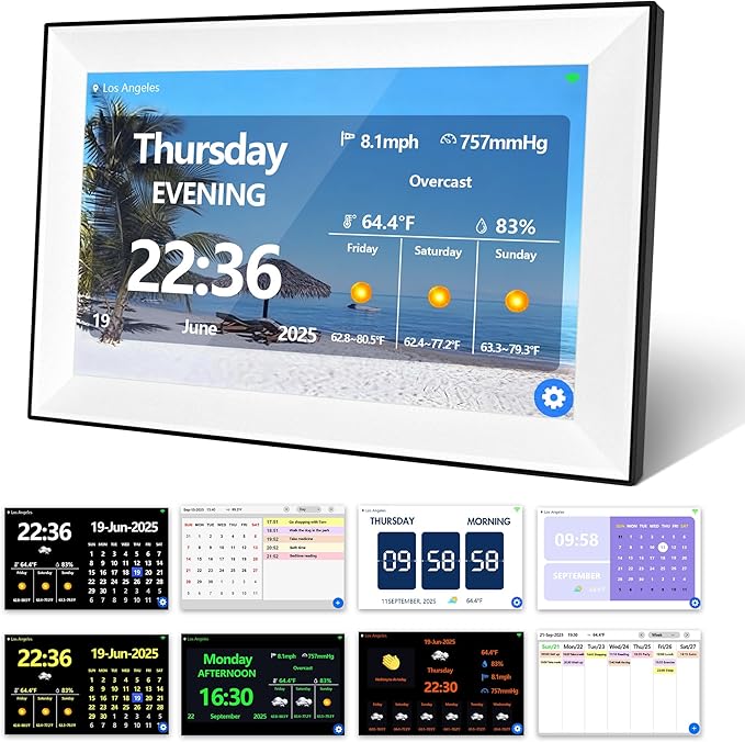 WiFi 10.1 Inch Digital Alarm Clock for Seniors, Large Display with Day/Date Smart Touchscreen Electronic Calendar 64 Alarms 64 Reminders Dementia Alarm Clock for Elderly（White）
