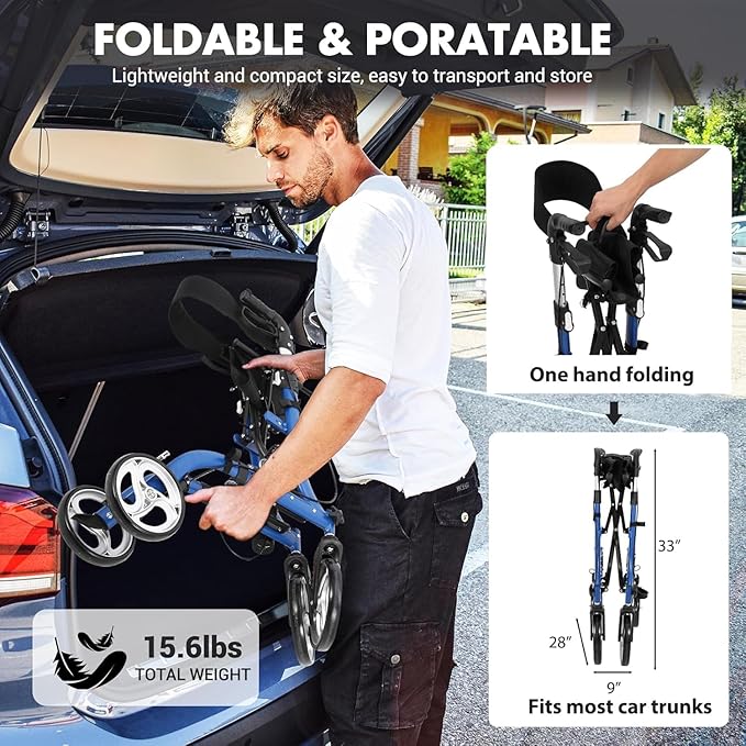 Rollator Walker for Seniors, Lightweight Foldable All Terrain Rolling Walker with seat,12" Rubber Wheels for Smooth Outdoor Use, Compact Folding Design,Height Adjustable 34"-40" for All Users.