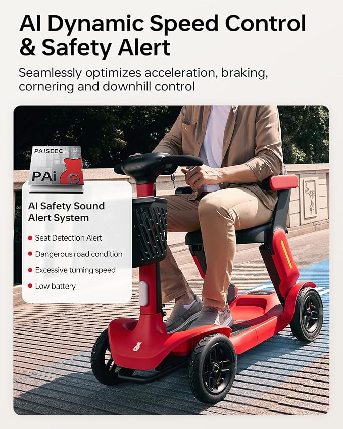 40 Miles Powered Folding Mobility Scooter S3, Two Detachable Battery Foldable Electric Scooter with AI Safety System for Seniors Adults, 300 lbs Load Capacity, 6 MPH Speed, All Terrain