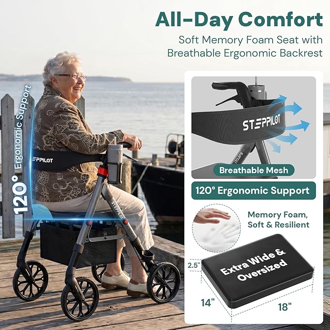 Bariatric Rollator Walker with Seat for Seniors, 500lb Capacity Aluminum Frame, Zero Wobble, 16lb Lightweight, 8" All Terrain Wheels, 10-Level Adjustable Handle/Seat, Cup Holder, Cane Clip