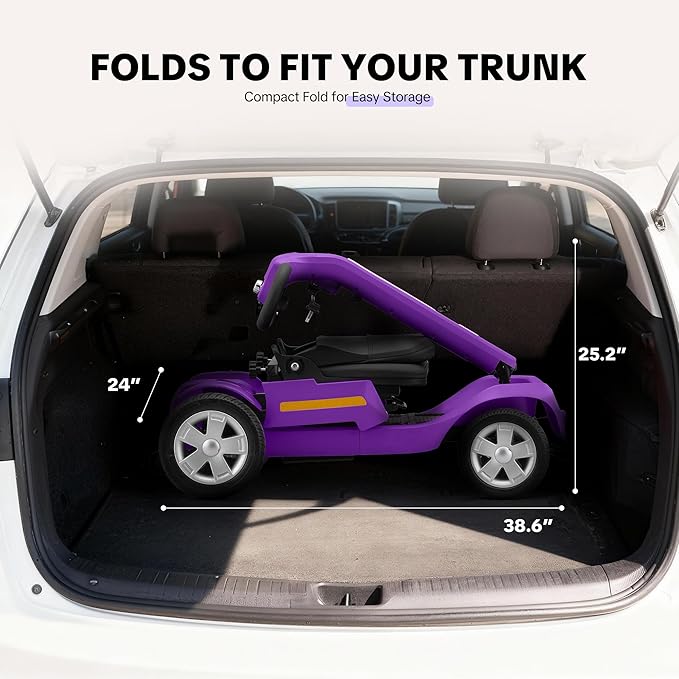 Foldable Mobility Scooter for Adults & Senior, 4 Wheels Powered Device for Travel, Lightweight and Portable, with LED Strip Light, Storage Bag, Charger Included, No Assemble Required (Purple)
