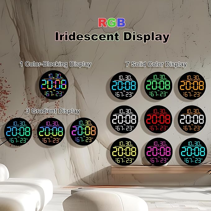 JENLYSTIME 10 Inch LED Digital Wall Clock with RGB Backlight and Countdown Timer｜11 Colors, Dual Alarm, Adjustable Brightness, Temperature & Humidity Display, Modern Silent Clock for Home, Office