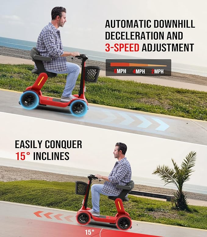 Glashow S3 Foldable Mobility Scooter for Seniors and Adults – 4-Wheel Lightweight Electric Scooter, 25-Mile Range, 6 mph Max Speed, 265 lb Capacity, PAI Safety System for Outdoor Travel- Red