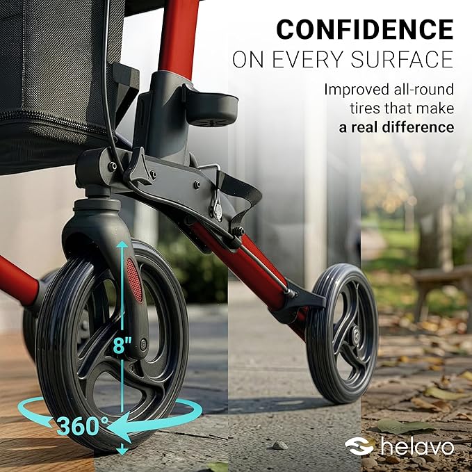 Helavo Foldable Rollator with Seat – 360° Swivel 8" Wheels, 24.8" Wide - Lightweight Aluminum Rolling Walker for Seniors and Adults with Adjustable Height