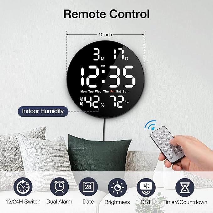 Large Digital Clock for Classroom, Digital Classroom Clocks for Teachers, 10" Round LED Clock with Large Display，Date, Countdown Timer, Remote Control, Temperature, Electric (White)