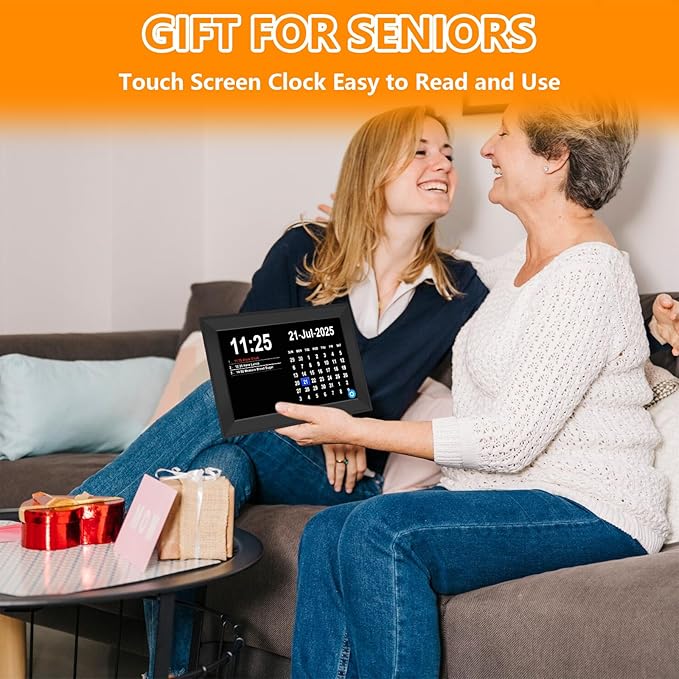 Bgift 10.1" Easy to Use Touch Screen Digital Clock for Seniors,Large Display Digital Calendar with Day and Date for Elderly,64 Alarms 40 Reminders, Auto DST,Gfits(Black)