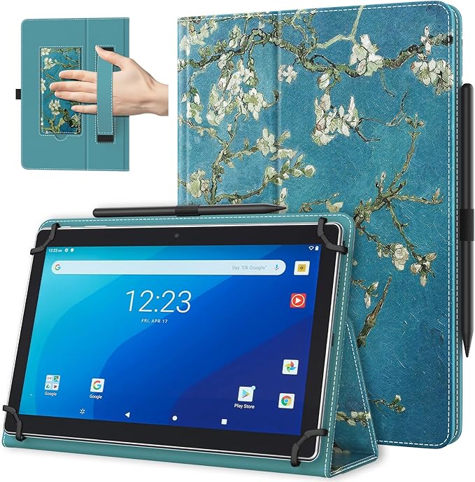 TiMOVO Universal Case for 10.1 Inch Android Tablet with Pen Loop, Lightweight Folding Stand Cover with Hand Strap for All 9.6"-11" Touchscreen Tablet, Apricot Blossom