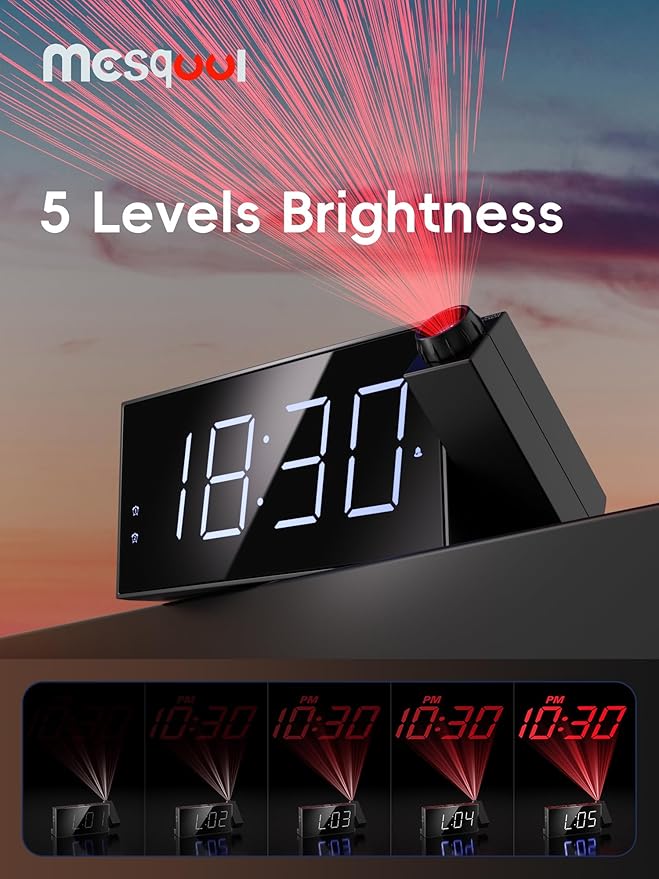 Mesqool Digital Projector Alarm Clocks for Kids Bedroom,Plug-in Clock with 180° Projection on Ceiling Wall,Dual Alarms for Heavy Sleepers,Battery Backup,USB Charging Port,Easy-to-Set,Dimmer,Snooze