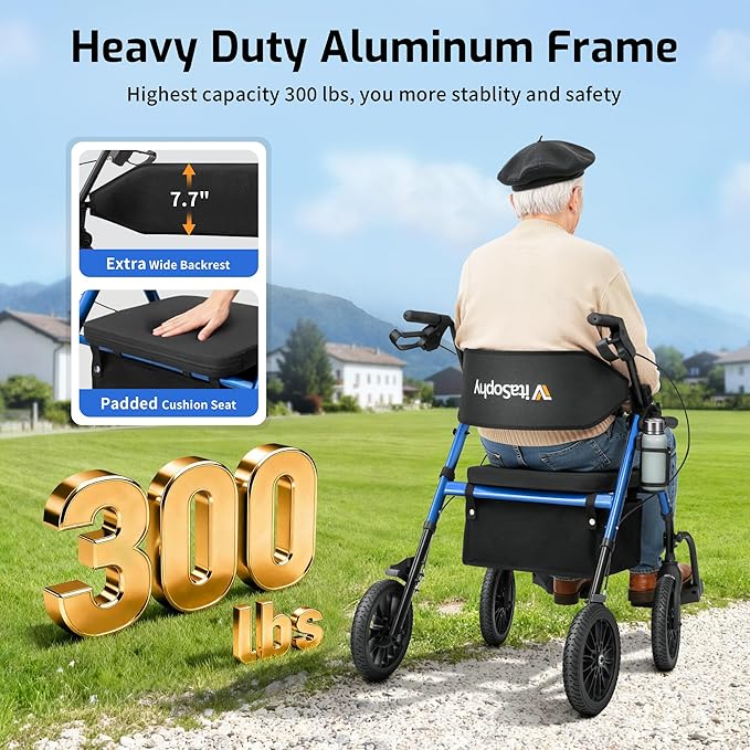 2 in 1 Rollator Walker for Seniors with Seat, Walker Wheelchair Combo, Transport-Wheelchair-Lightweight-Foldable with Adjustable Seat and Handle, 300 Lb. Weight Capacity, Blue