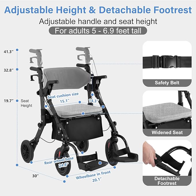 Walkers for Seniors with Seat, Walker Wheelchair Combo, 2 in 1 Rolling Walker Transport Wheelchair Lightweight Foldable, 10" Big Wheels Transport Chair with Brakes,Grey