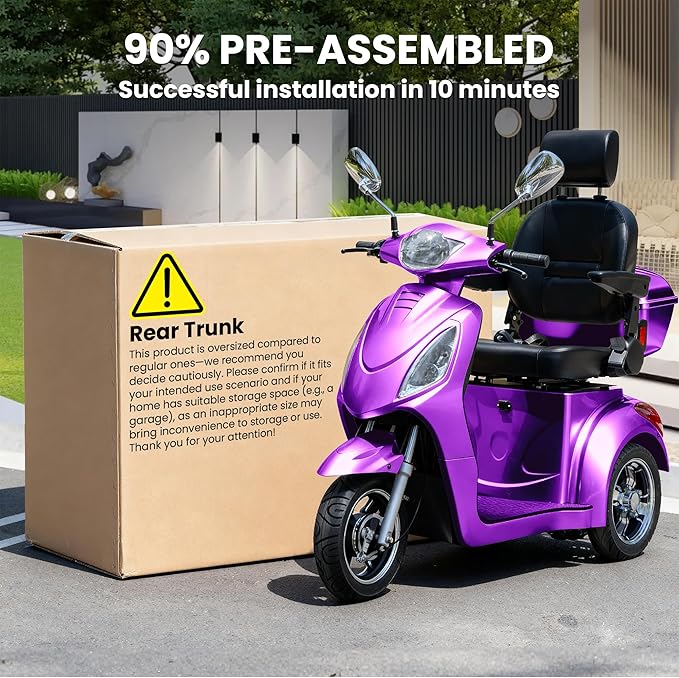 Super Large Electric 3 Wheel Mobility Scooters, 800W Wheelchair Device, 500 LBS Capacity Electric Wheelchair for Seniors & Adults, Speed Adjust, Remote Key, Receive Ready to Ride (Purple)