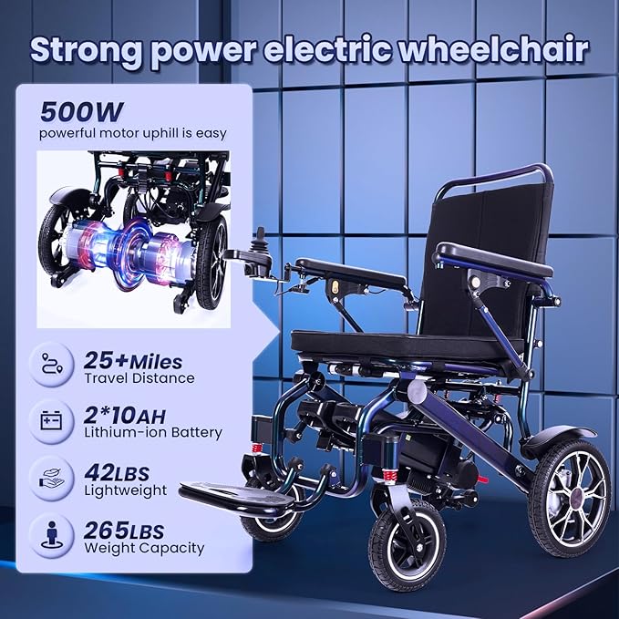 Electric Wheelchairs for Adults, 25 Miles New Remote Controlled Wheelchair, Ultra Lightweight 42LBS Folding Compact Motorized Wheelchair, Unique Blue Green Gradient Color, Airline Approved
