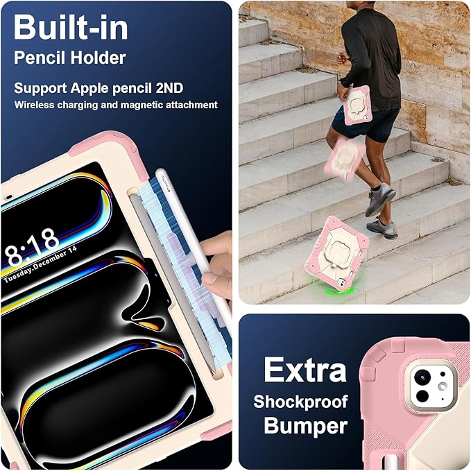 Dteck for iPad Pro 11 inch (M4/M5) 2024/2025 Release Shockproof Case with Shoulder Strap/Stylus Pencil Holder/Rotating Kickstand Handle, Heavy-Duty Sturdy Rugged Cover, Protective Tablet Shell, Pink