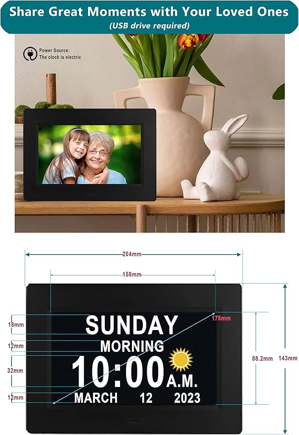 Véfaîî Upgraded Large Digital Calendar Clock with Day Night Icons for Elderly, 20 Custom Reminders, Auto DST, 10 Levels Night Dimmer, 8 Colors 3 Display Modes,10 Levels Volume, 7" Black with Remote
