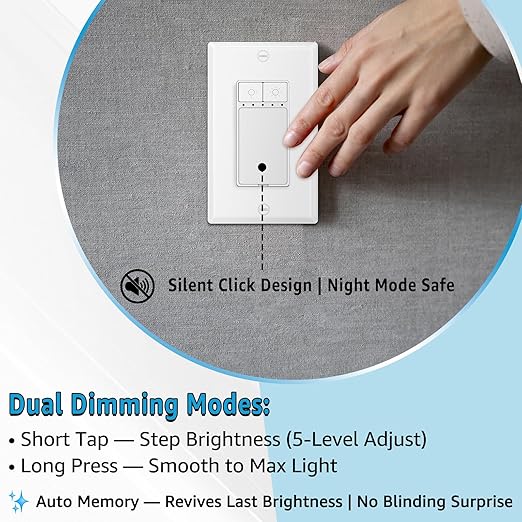 3 Pack Single Pole Dimmer Light Switch, Neutral Wire Required, Work with LED/CFL (150W Max) & Halogen/Incandescent (600W Max), 5 Brightness Levels, ETL/FCC Certified