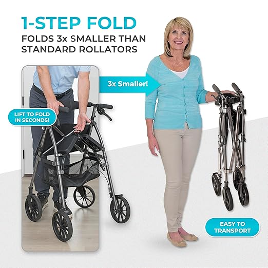 Stander Wonder Rollator Plus with 8-inch All-Terrain Wheels, Lightweight Folding Rolling Walker with Seat, Locking Brakes and Backrest, EZ Fold-N-Go-Rollator for Seniors and Adults, Black Walnut