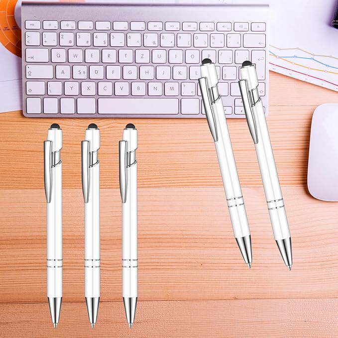 24 Pcs Blue Ink Ballpoint Pen with Stylus Tip 2 in 1 Ballpoint Pen 1.0 mm Blue Ink Metal Stylus Pen for Touch Screens Coworkers, Family, Colleagues, Office (White)