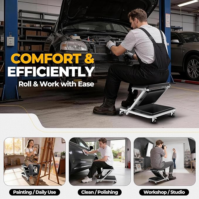 Auto Dynasty 36" Z-Creeper Seat, 2-in-1 Foldable Garage Creeper Shop Seat, 330 LBS Capacity Automotive Mechanic Repair Under Car Rolling Creeper Seat, Silver