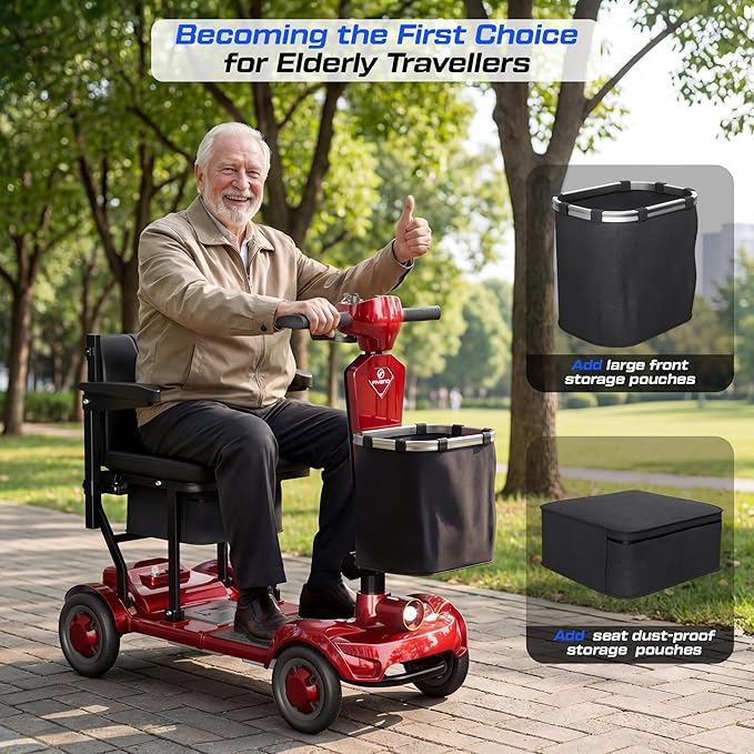 Lightweight Mobility Scooter for Seniors & Adults Cruise Travel, 4 Wheel Mobility Scooter- 37lb Foldable Portable Motorized Scooters with Removable Lithium Battery & Basket for 15Miles Travel, Red