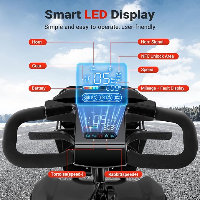 NFC One-Touch Keyless Unlock 4-Wheel Foldable Mobility Scooter for Seniors & Adults, 15 Mile Range, 3.7 MPH, Removable Battery, Digital Display, 300 lb Capacity, Black