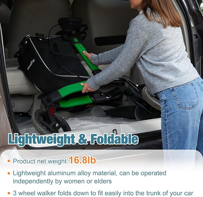 3 Wheel Walkers for Seniors, Foldable Rollator Walker with Tray & Large Storage Bag, 10" Big Wheel for All Terrain, 350 lb Weight Capacity, Green