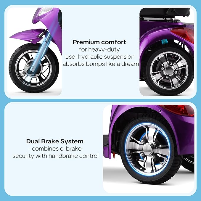 Super Large Electric 3 Wheel Mobility Scooters, 800W Wheelchair Device, 500 LBS Capacity Electric Wheelchair for Seniors & Adults, Speed Adjust, Remote Key, Receive Ready to Ride (Purple)