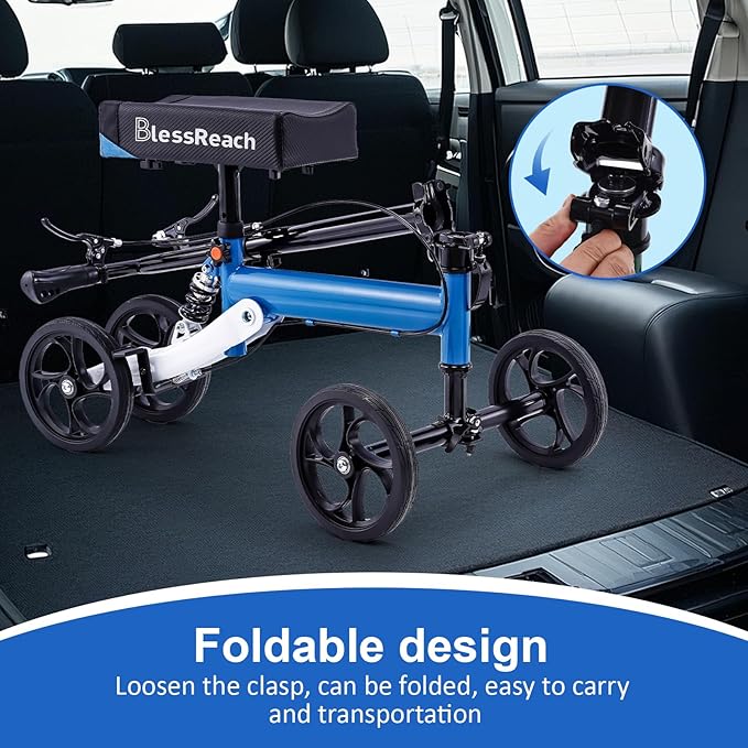 BlessReach Knee Scooter Steerable Knee Walker Deluxe Medical Scooter for Foot Injuries Adult Compact Crutches,Supports Up to 300 lbs（Blue）