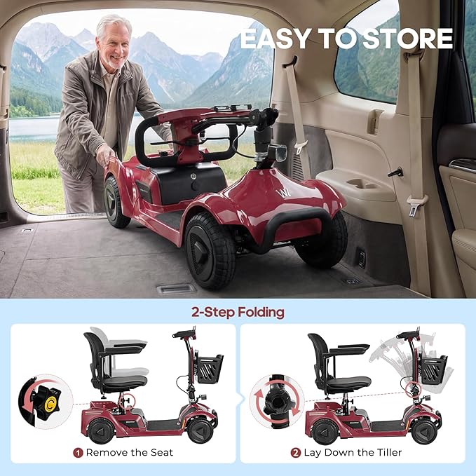 NFC One-Touch Keyless Unlock 4-Wheel Foldable Mobility Scooter for Seniors & Adults, 15 Mile Range, 3.7 MPH, Removable Battery, Digital Display, 300 lb Capacity, Red